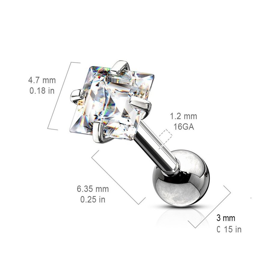 3 Tragus/Cartilage Piercingar IP-316L stål 4,7 mm Fyrkant CZ