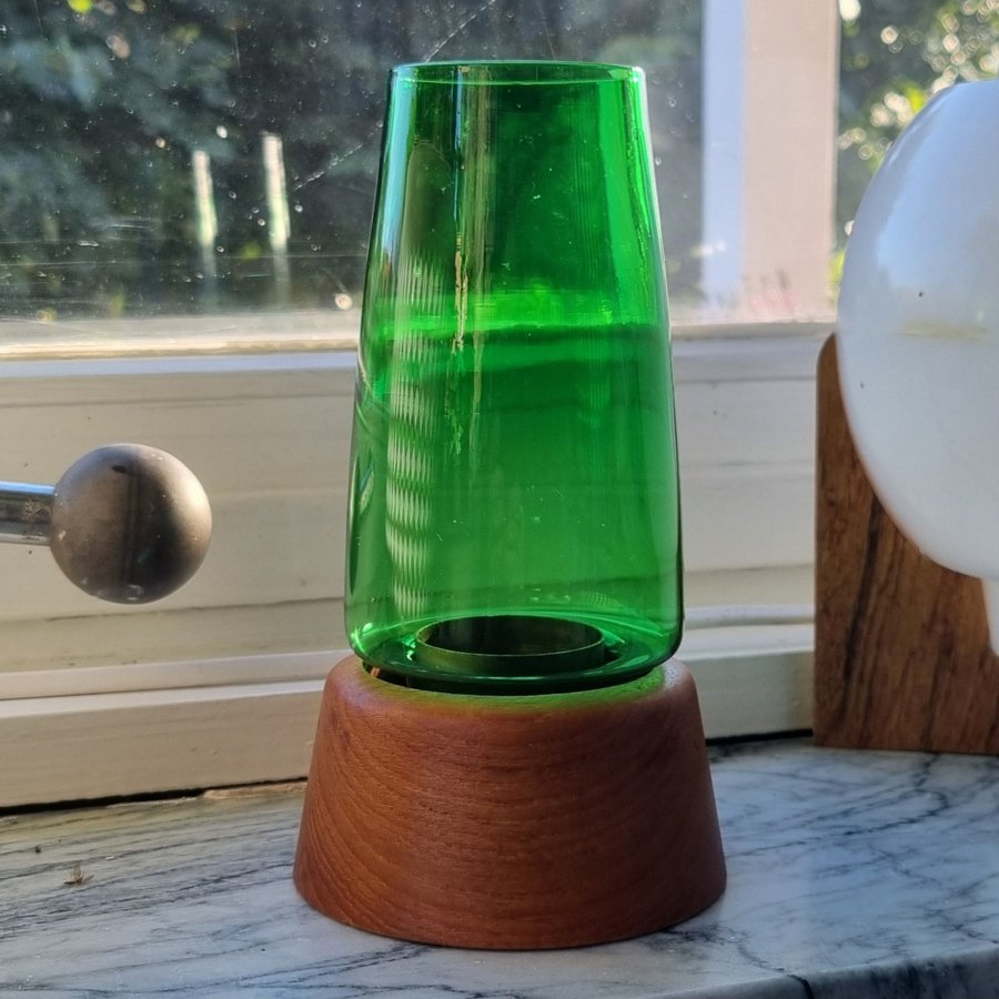 Ljuslykta teak  grönt glas Karl Holmberg Götene Sweden 1950-tal retro vintage