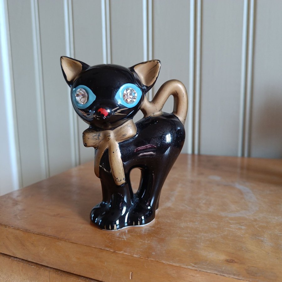 Retro äldre söt svart kattfigur med ögon av glas/ strass märkt IMPORT