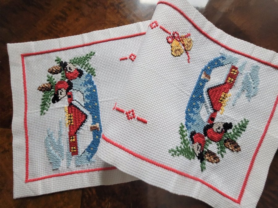 Söt retro julduk handbroderad vinter landskap domherrar 28×69cm