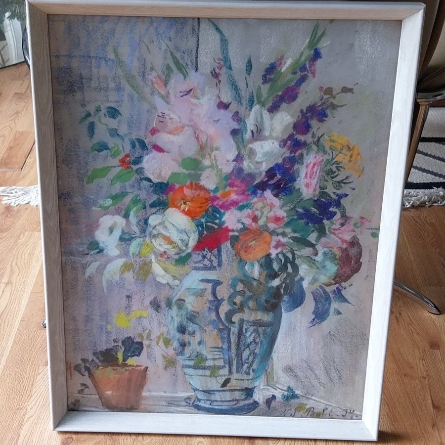 Original NIELS PETER BOLT 1934 Signerad Målning Blommor Signeret Maleri Blomster