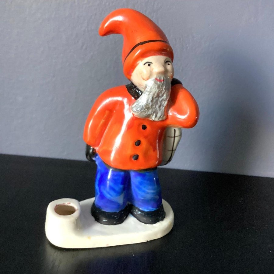 Äldre Porslinsfigur Märkt IMPORT Söt tomte med säck 1930-1940-tal Vintage Antik