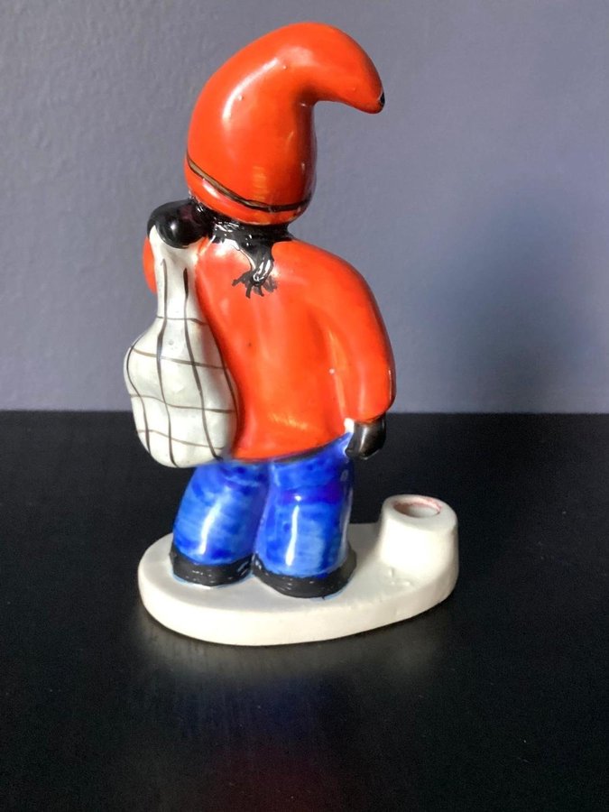 Äldre Porslinsfigur Märkt IMPORT Söt tomte med säck 1930-1940-tal Vintage Antik