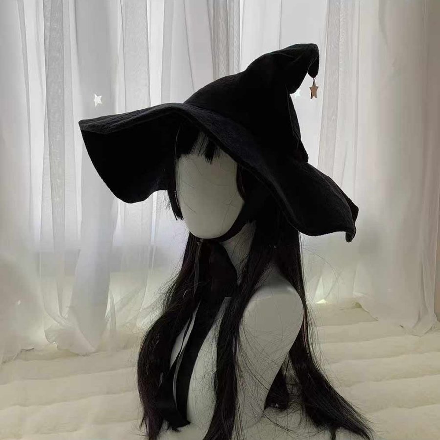 Black Velvet Witch Hat with Star, Wide Brim Halloween Costume Wizard hat