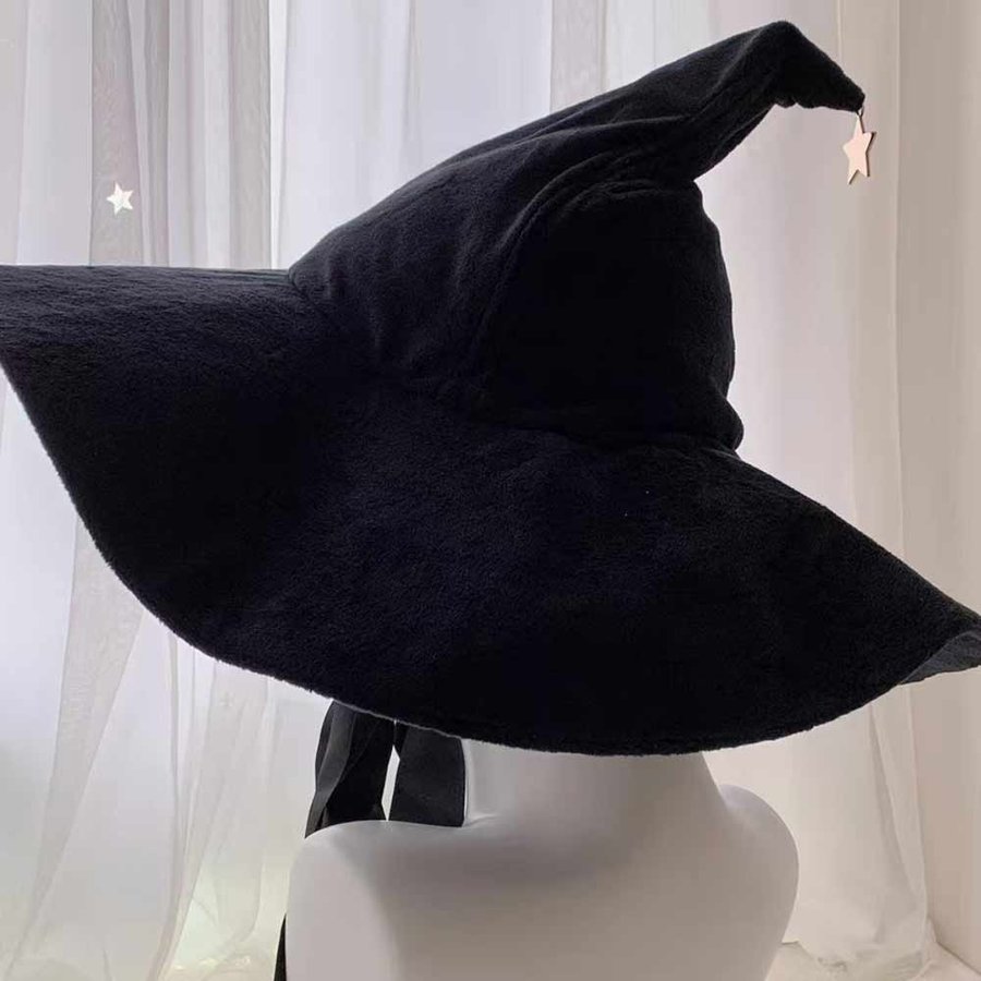 Black Velvet Witch Hat with Star, Wide Brim Halloween Costume Wizard hat