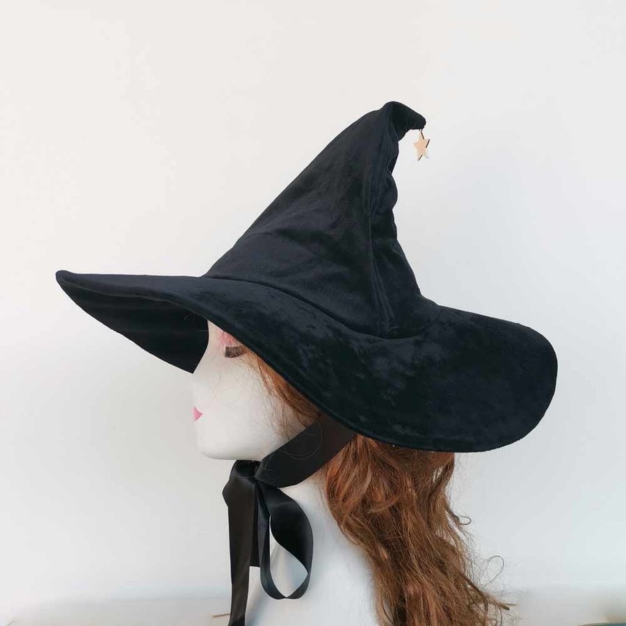 Black Velvet Witch Hat with Star, Wide Brim Halloween Costume Wizard hat