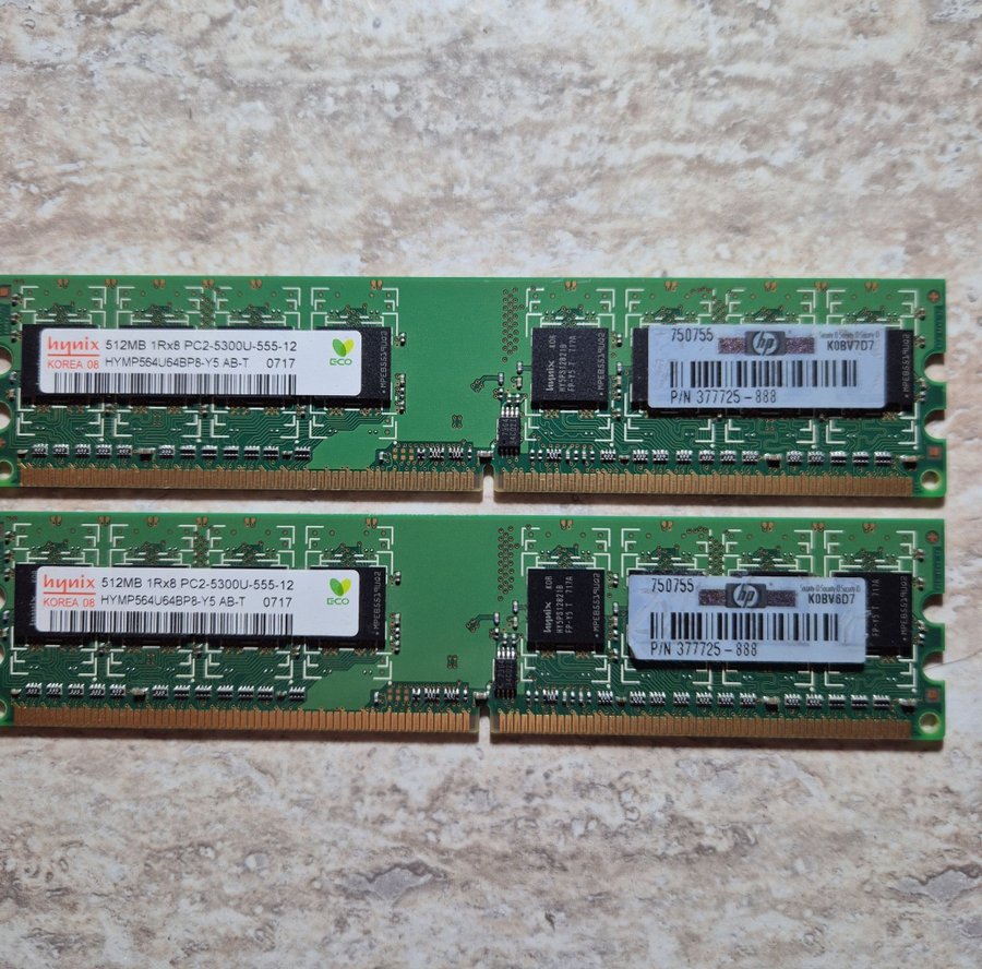 2x 512MB 1Rx8 PC2-5300U-555-12