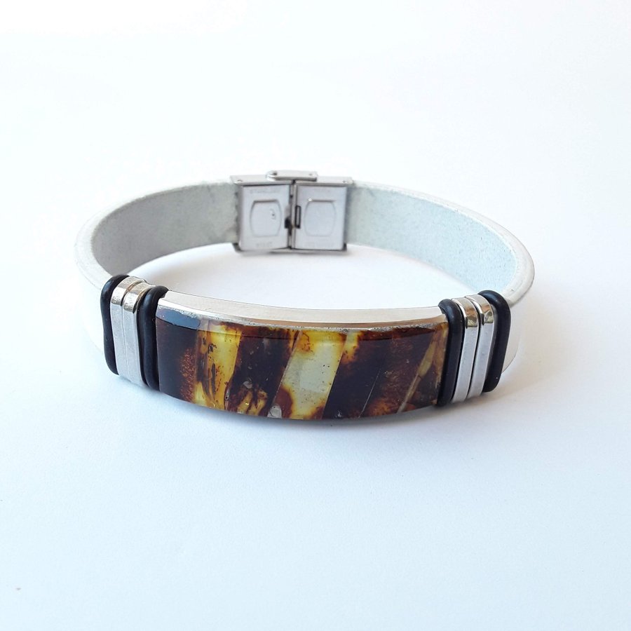 Baltic amber and white leather bracelet Unisex natural leather and gem bracelet