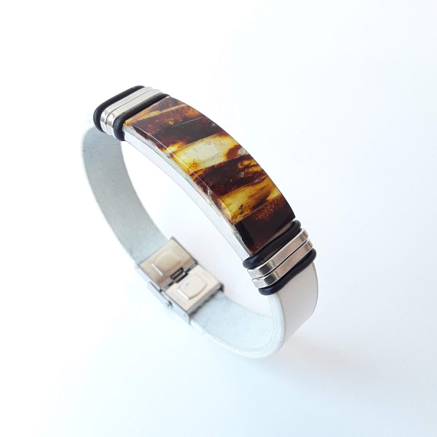 Baltic amber and white leather bracelet Unisex natural leather and gem bracelet