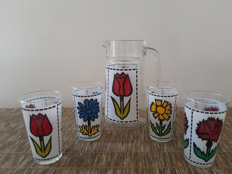 RETRO 70-TAL BARWARE? KARAFF+4 GLAS BLOMSTERDEKOR GLASKANNA KANNA SET DRICKGLAS