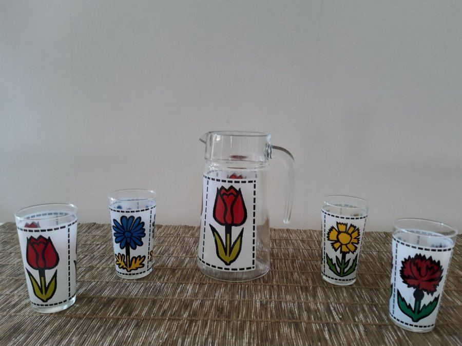 RETRO 70-TAL BARWARE? KARAFF+4 GLAS BLOMSTERDEKOR GLASKANNA KANNA SET DRICKGLAS