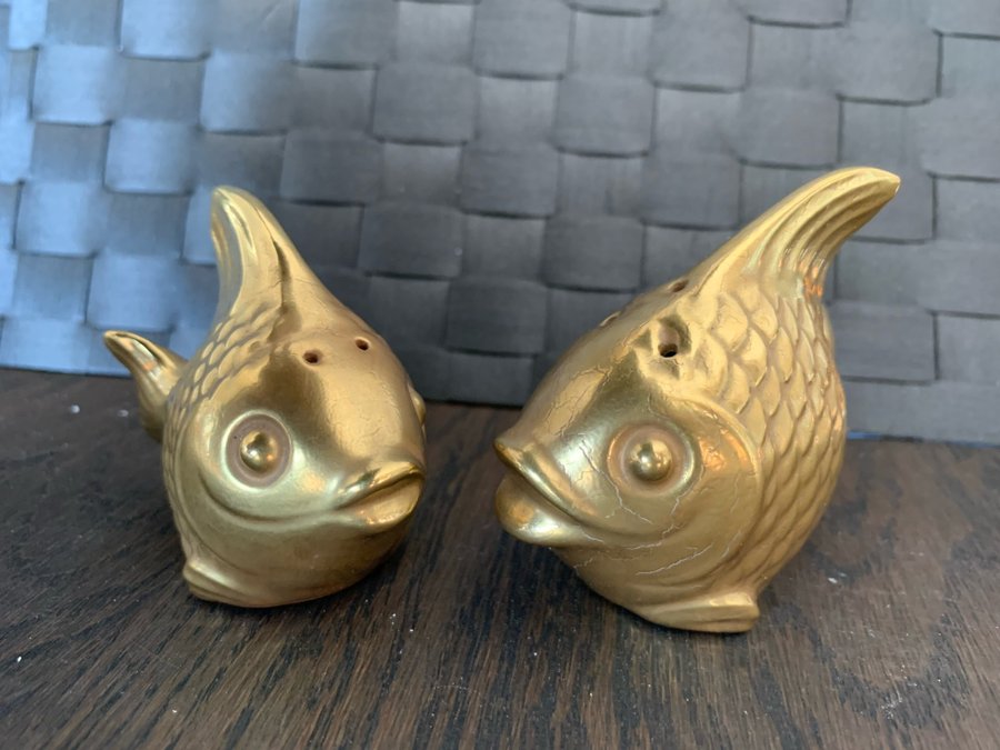 Goebel West Germany vintage salt pepper shakers ströare fiskar guldfärgade