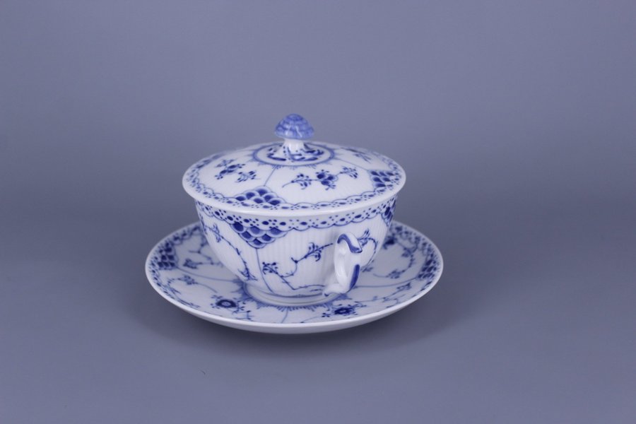 Royal Copenhagen Blue Fluted Half Lace no 764 Broth Bouillon Cup with Saucer