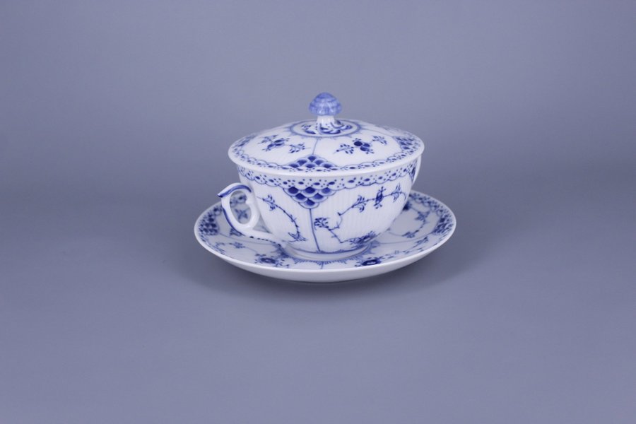 Royal Copenhagen Blue Fluted Half Lace no 764 Broth Bouillon Cup with Saucer