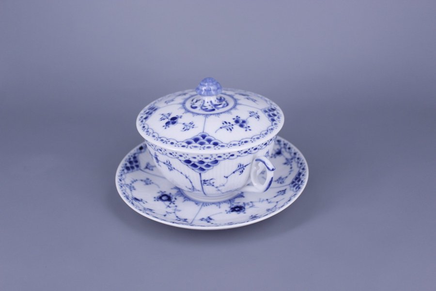 Royal Copenhagen Blue Fluted Half Lace no 764 Broth Bouillon Cup with Saucer