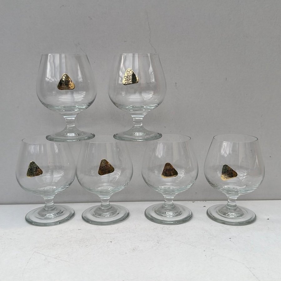 6st vintage konjakskupor / glas med gulddekor DEMA GLASS CHESTERFIELD ENGLAND