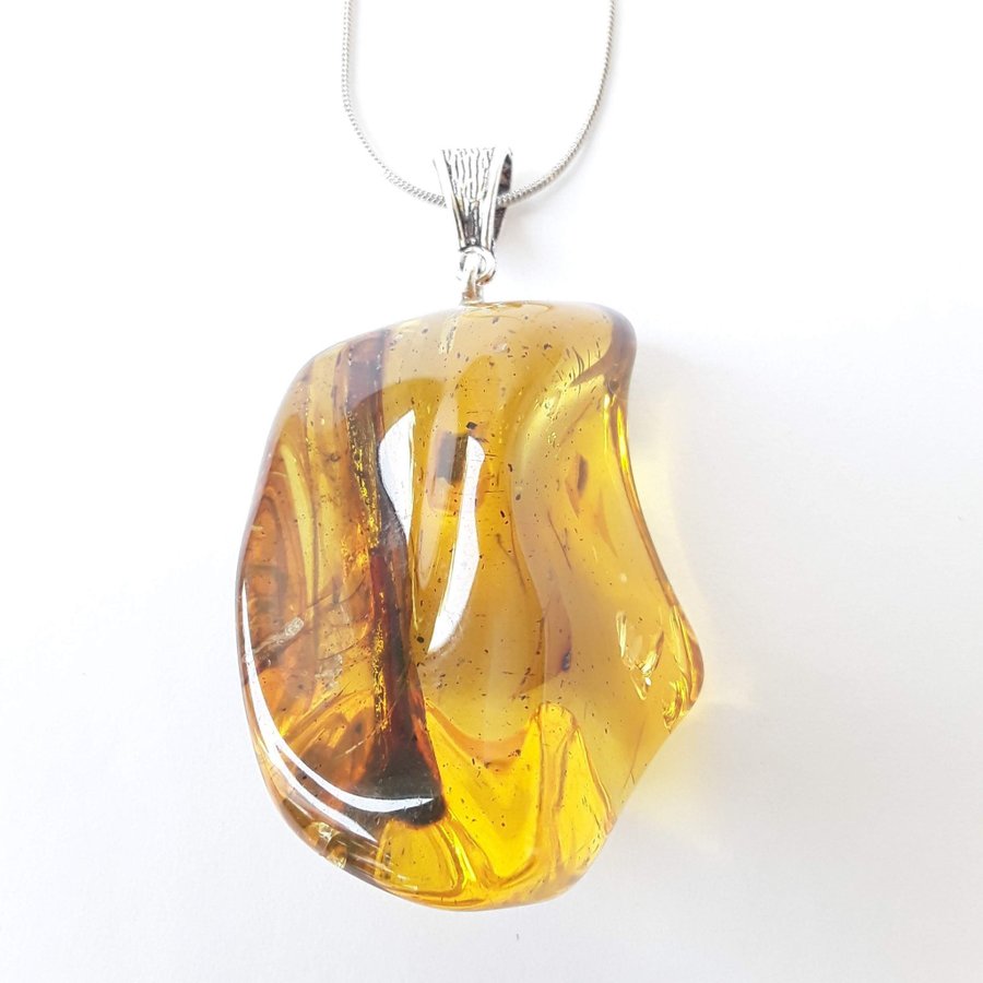 Transparent clear Baltic amber gemstone large pendant with silver color chain