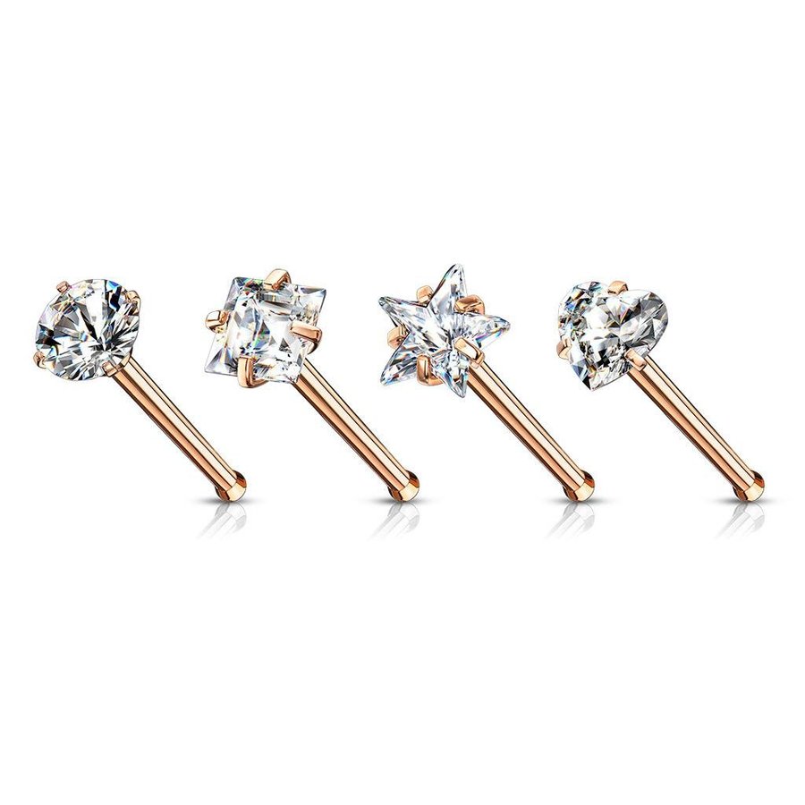 Pack 4 st. Näspiercing i Rosgeuldpläterad 316L stål med 3 mm CZ