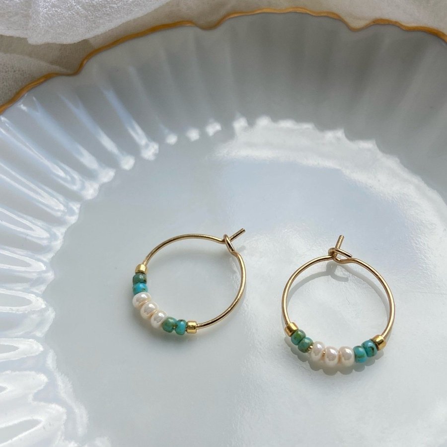 Turquoise/pearl cream/gold beaded dainty hoop earrings