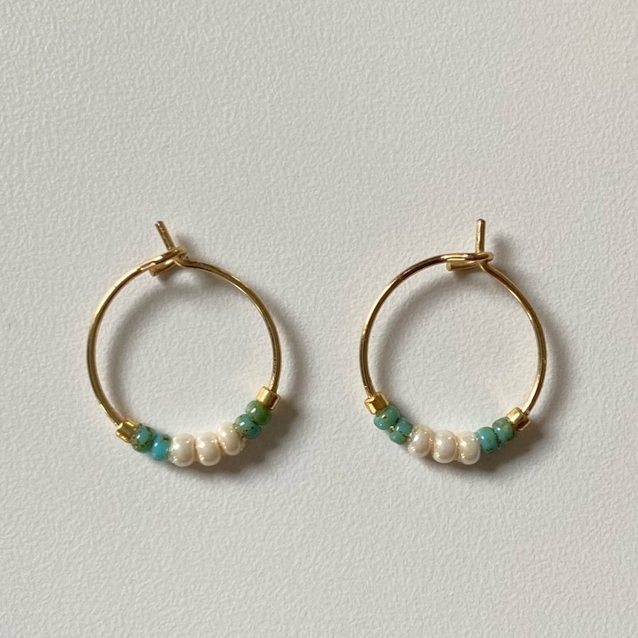 Turquoise/pearl cream/gold beaded dainty hoop earrings