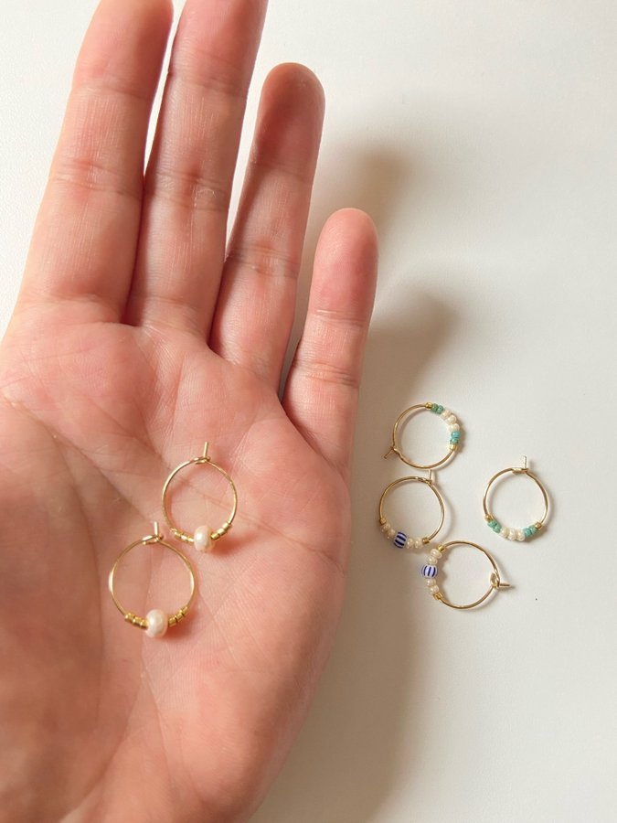 Turquoise/pearl cream/gold beaded dainty hoop earrings