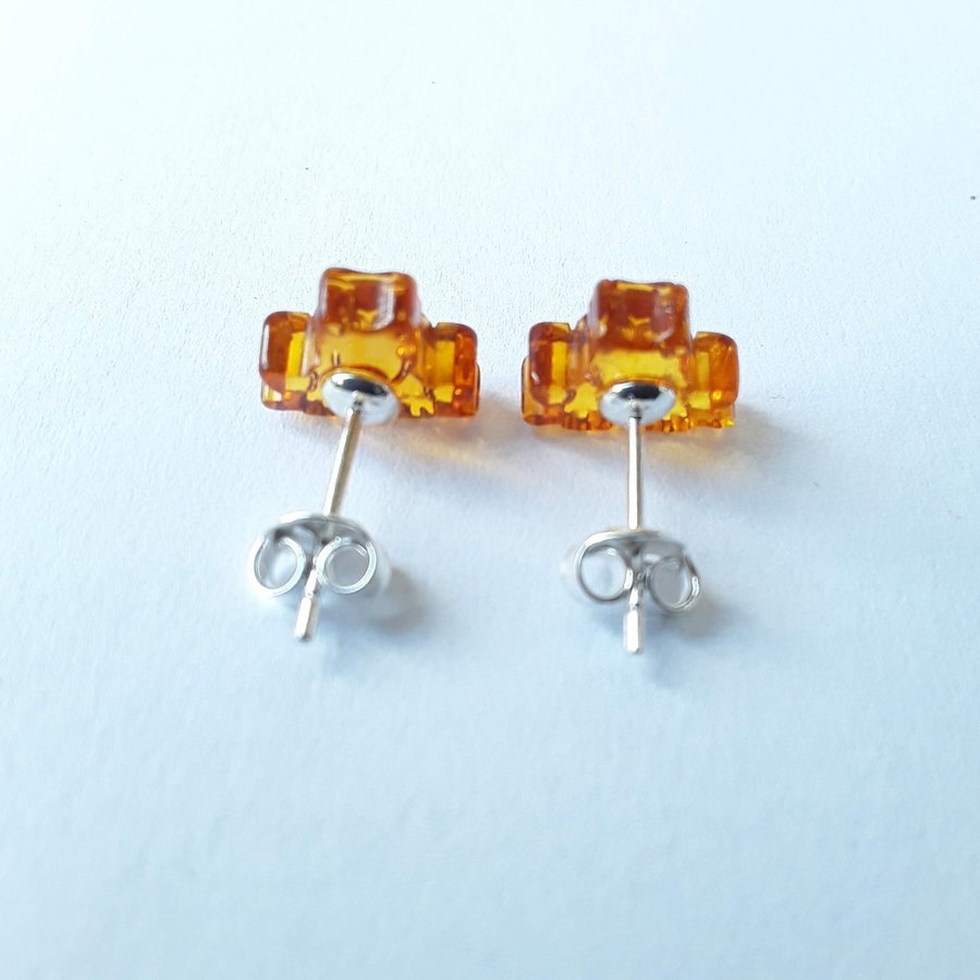 Baltic amber frog and 925 sterling silver stud earrings Brown gem silver studs