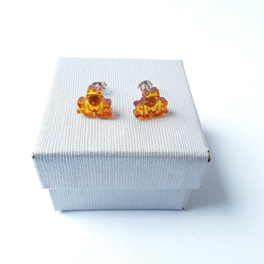 Baltic amber frog and 925 sterling silver stud earrings Brown gem silver studs