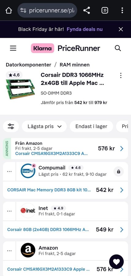 Ny Corsair 8GB för MAC (2x4GB) DDR3 1066MHz SO-DIMM