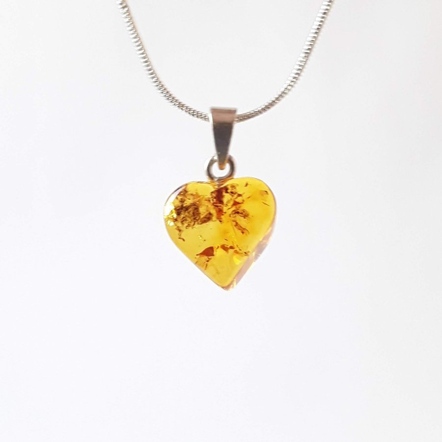 Baltic amber heart pendant necklace Yellow gemstone heart on silver color chain