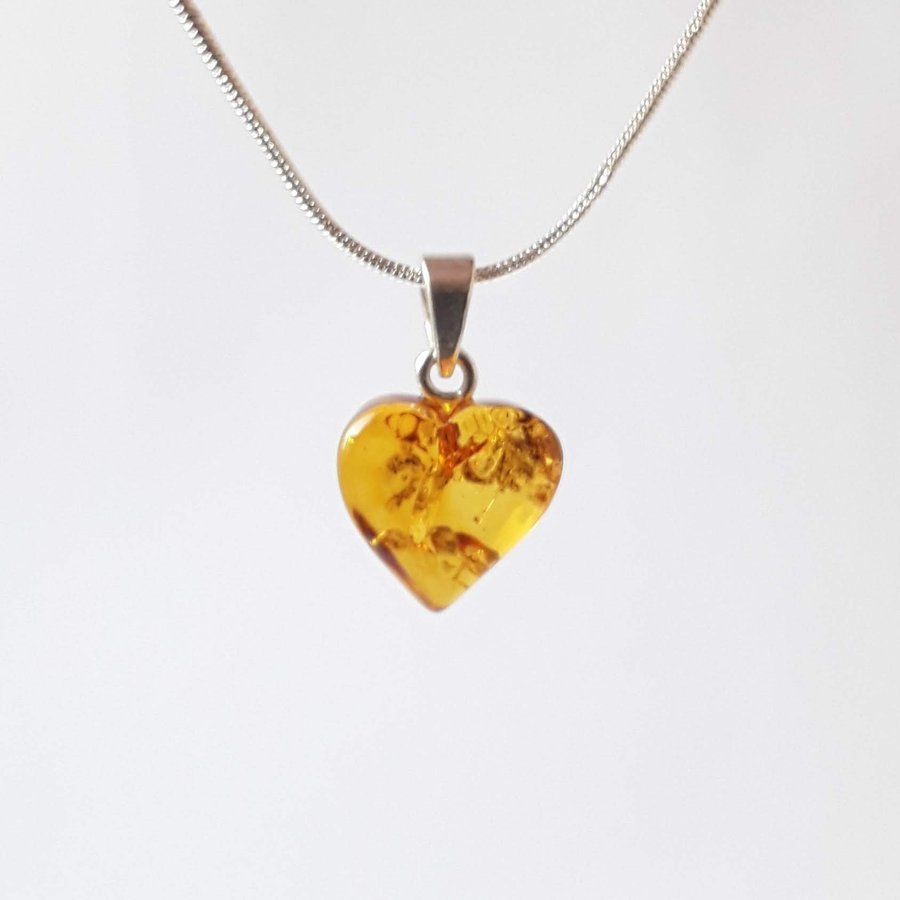 Baltic amber heart pendant necklace Yellow gemstone heart on silver color chain