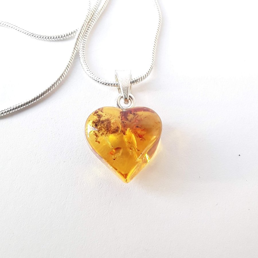 Baltic amber heart pendant necklace Yellow gemstone heart on silver color chain