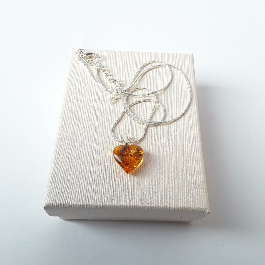 Baltic amber heart pendant necklace Yellow gemstone heart on silver color chain