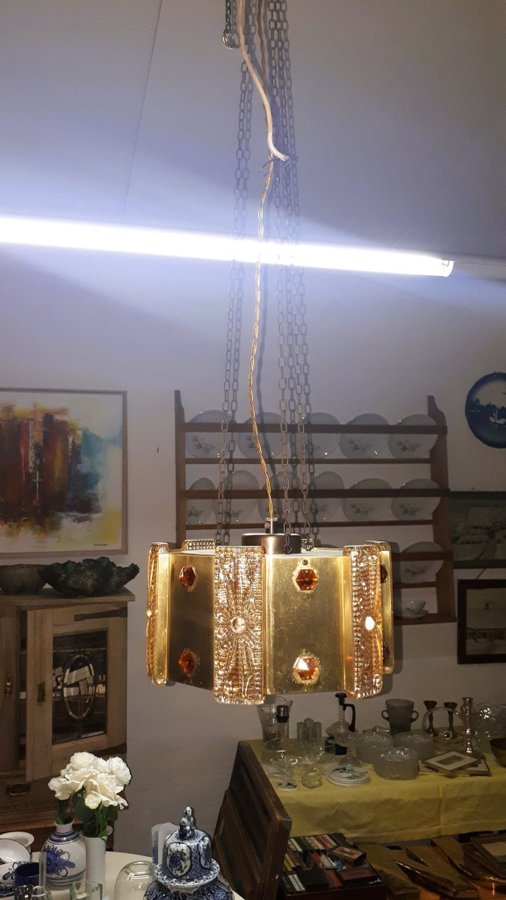 1960s Mässing Kristall Taklampa, Denmark, Extra Long Chains, Pendel Loftlampe