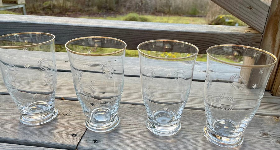 4 äldre glas med slipad dekor och guldkant - Selterglas, Vattenglas, Vintage (2)