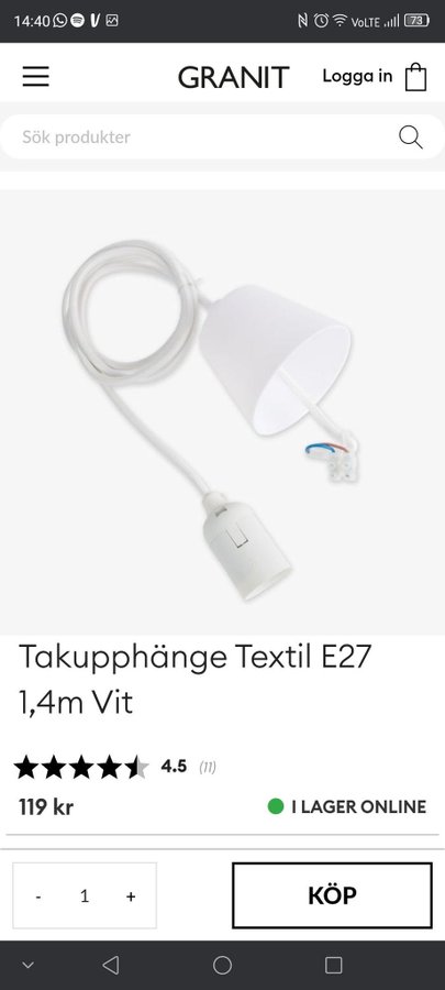 Ny/Oanvänd GRANIT- Lampsockel/upphängning E27, textilkabel 1,4M ord.pris 119