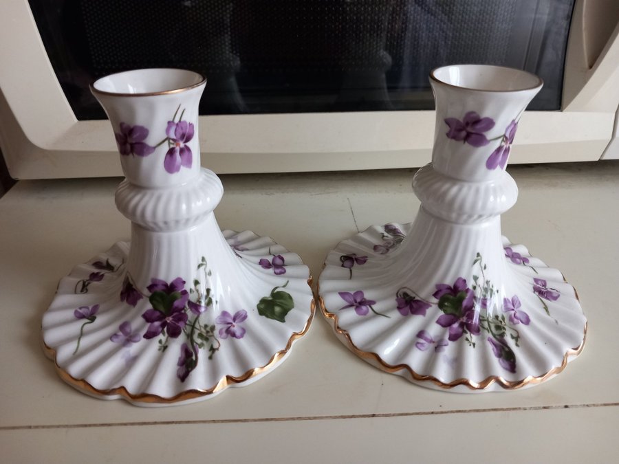 Pair Hammersley Porcelain Candle Holders. Victorian Violets.