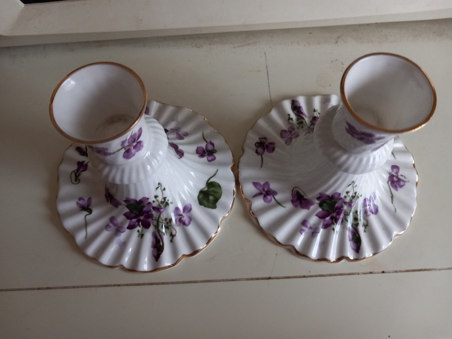 Pair Hammersley Porcelain Candle Holders. Victorian Violets.