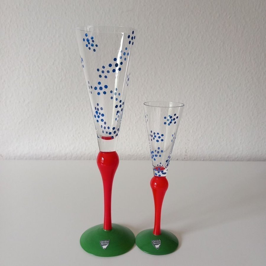 Orrefors, Champagneglas+snapsglas, "Clown", Anne Nilsson