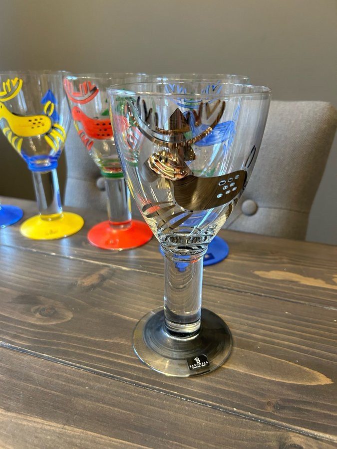 5 st Handmålade Stora Ölglas/ vinglas BERGDALA älg GLASBRUK BENGT LINDBERG