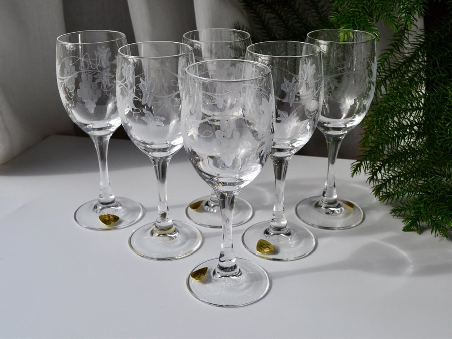 6 st STARKVINSGLAS/ VINGLAS KRISTALL med slipad vinranka LENAS GLASBOD VINTAGE