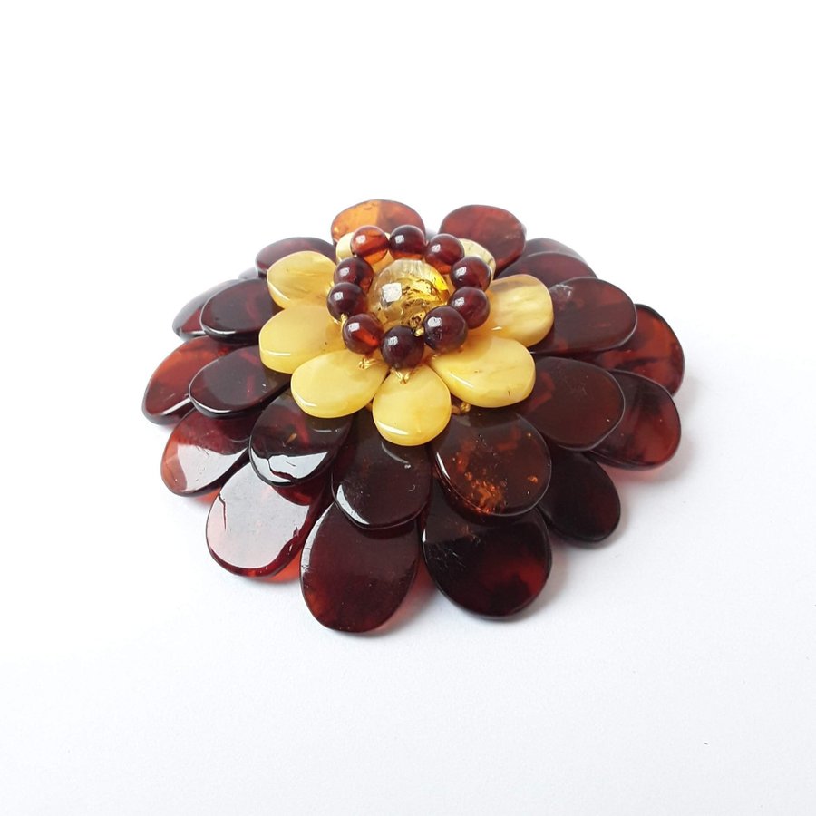 Baltic amber Flower necklace -pendant- brooch brown gemstone floral jewelry gift