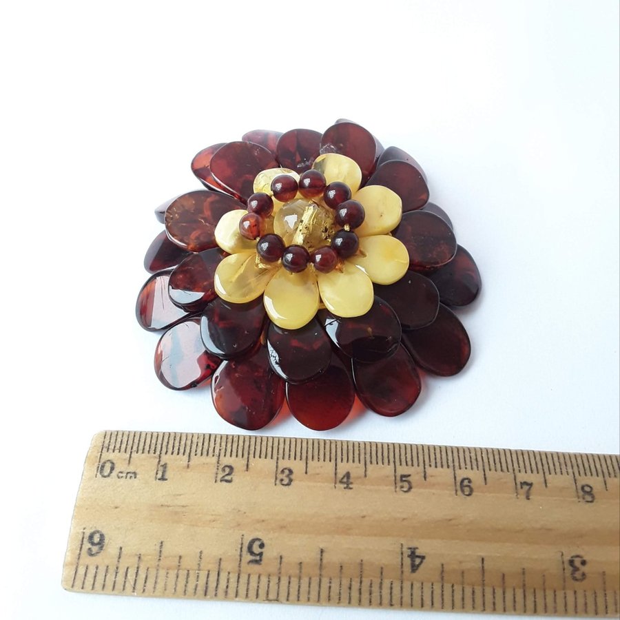 Baltic amber Flower necklace -pendant- brooch brown gemstone floral jewelry gift