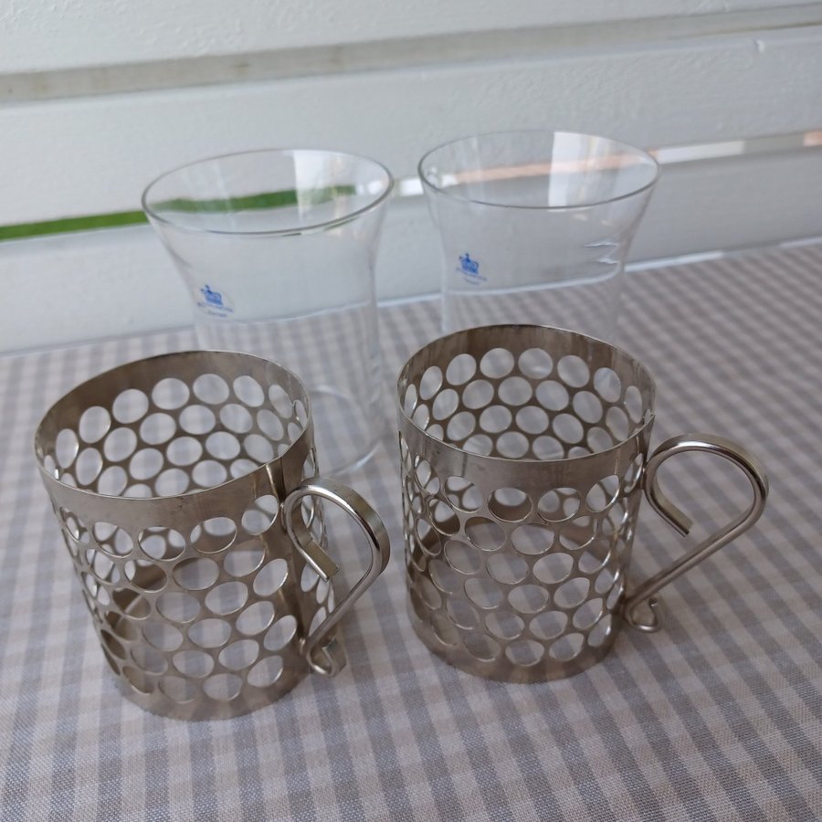 VINTAGE IRISH COFFEE GLAS MED METALLHÅLLARE BLÅ ETTIKETT