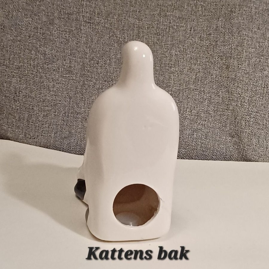 Gammal KATT/KATTUNGE (har varit bokstöd) i Keramik -Vit  Svart