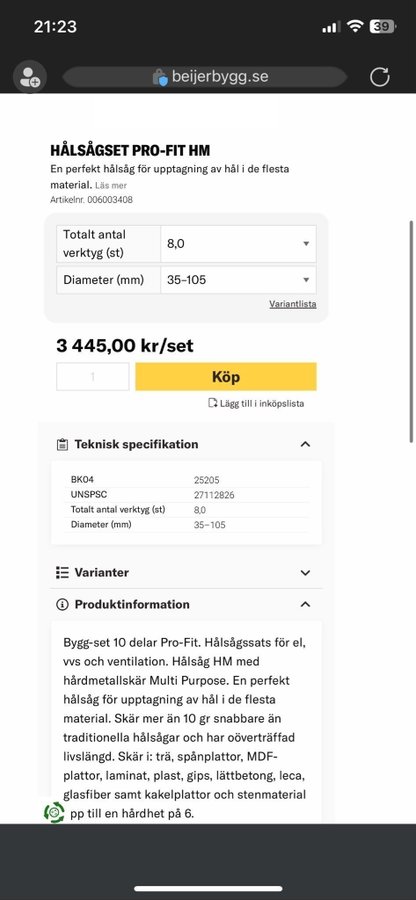 Pro-fit hålsågssats 10 delar med låda