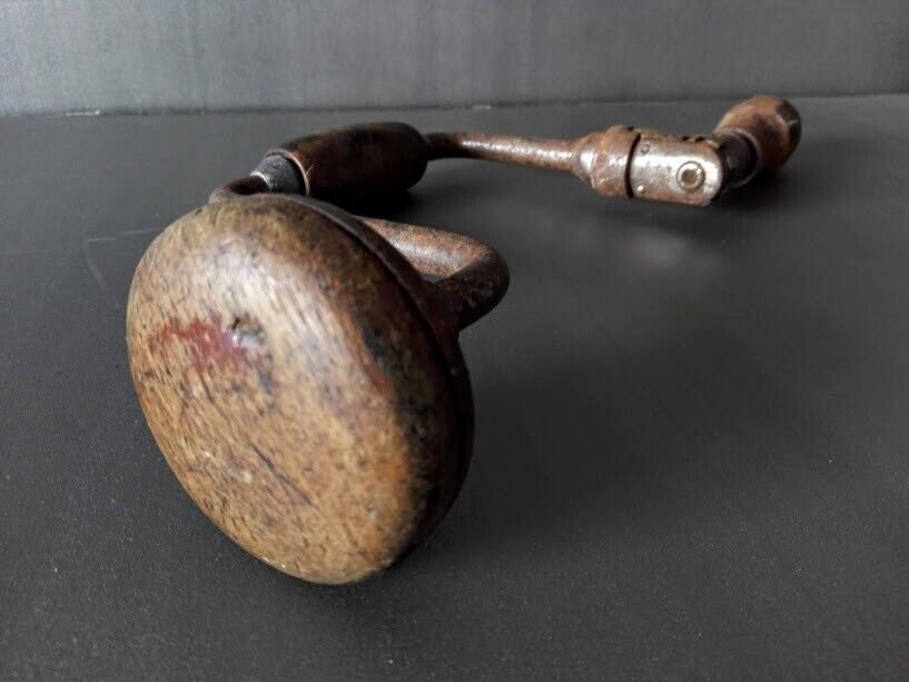 Vintage Hand Drill Wooden Handle Metal Wood Style Useable