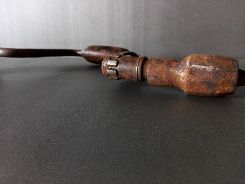 Vintage Hand Drill Wooden Handle Metal Wood Style Useable