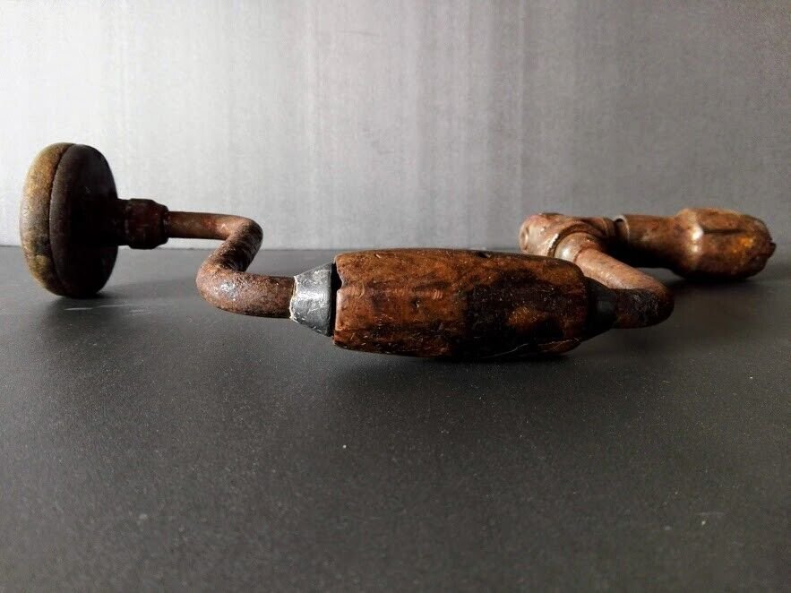 Vintage Hand Drill Wooden Handle Metal Wood Style Useable