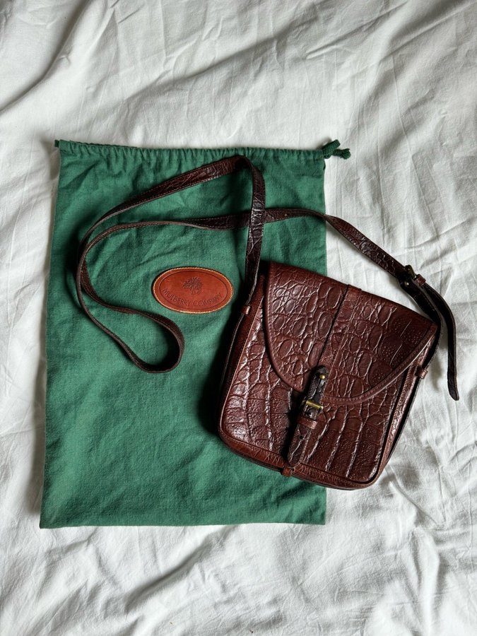 VINTAGE MULBERRY brun krokopräglad skinnväska läderväska kroko skinn läder väska