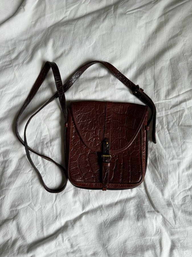 VINTAGE MULBERRY brun krokopräglad skinnväska läderväska kroko skinn läder väska